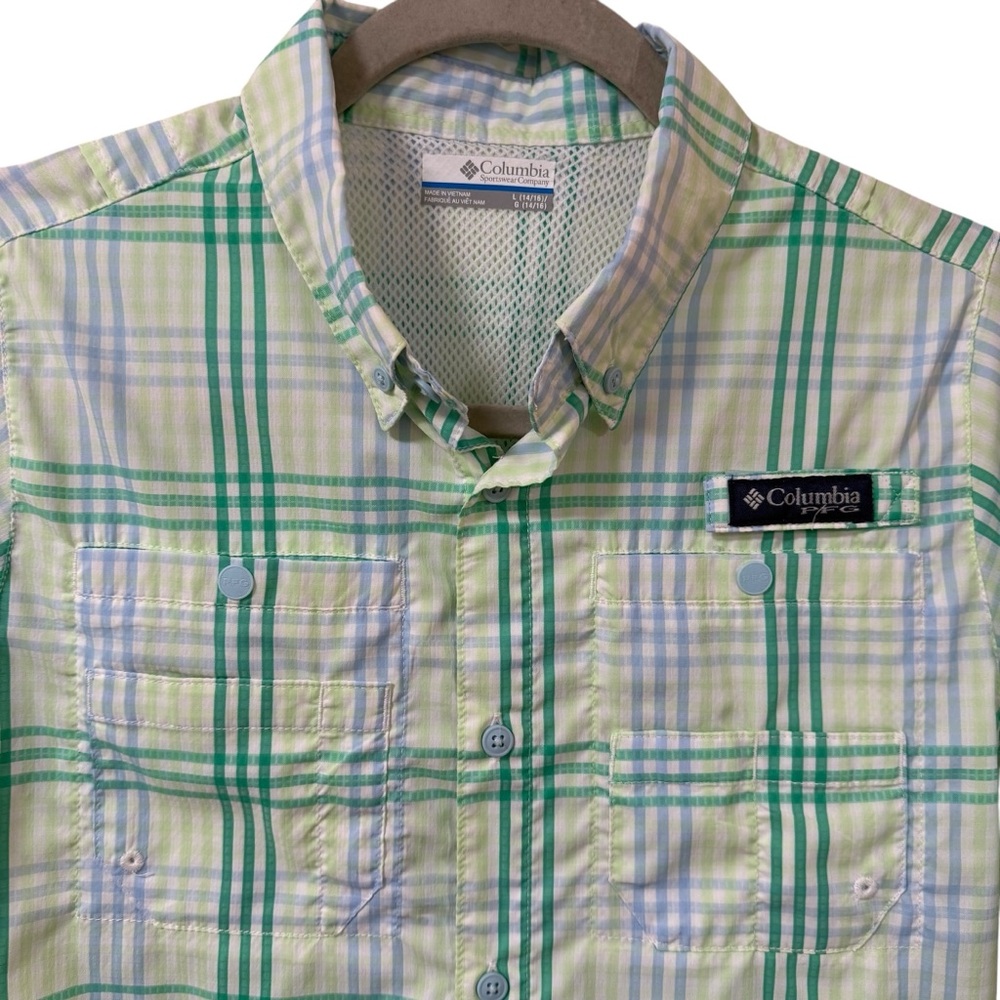 Columbia PFG youth plaid fishing shirt green blue boys LARGE